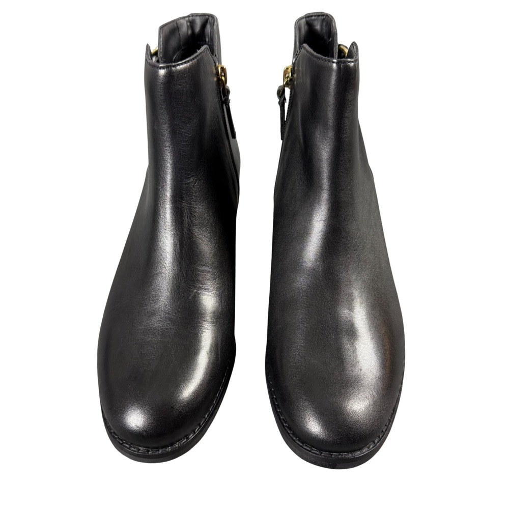 Cole Haan Womens Haidyn Black Leather Ankle Boots W21601 Gold Buckle Block Heel